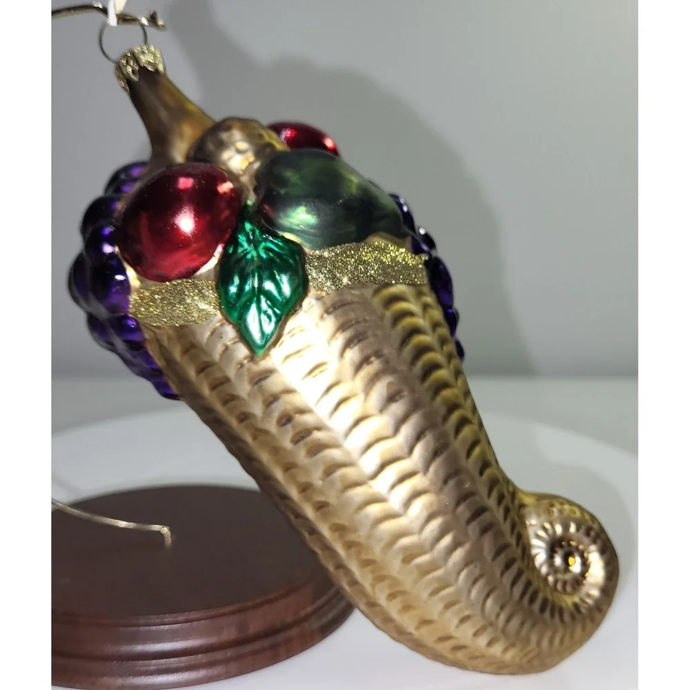 Germany Cornucopia Blow Mold Ornament Gold Harvest Fruit Thanksgiving Holiday